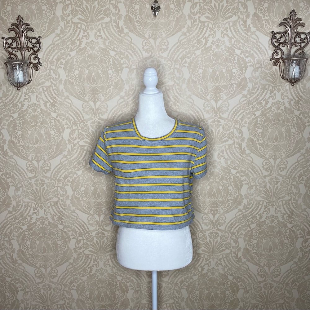 Grey and Yellow Striped Cropped Short Sleeve T-Shirt